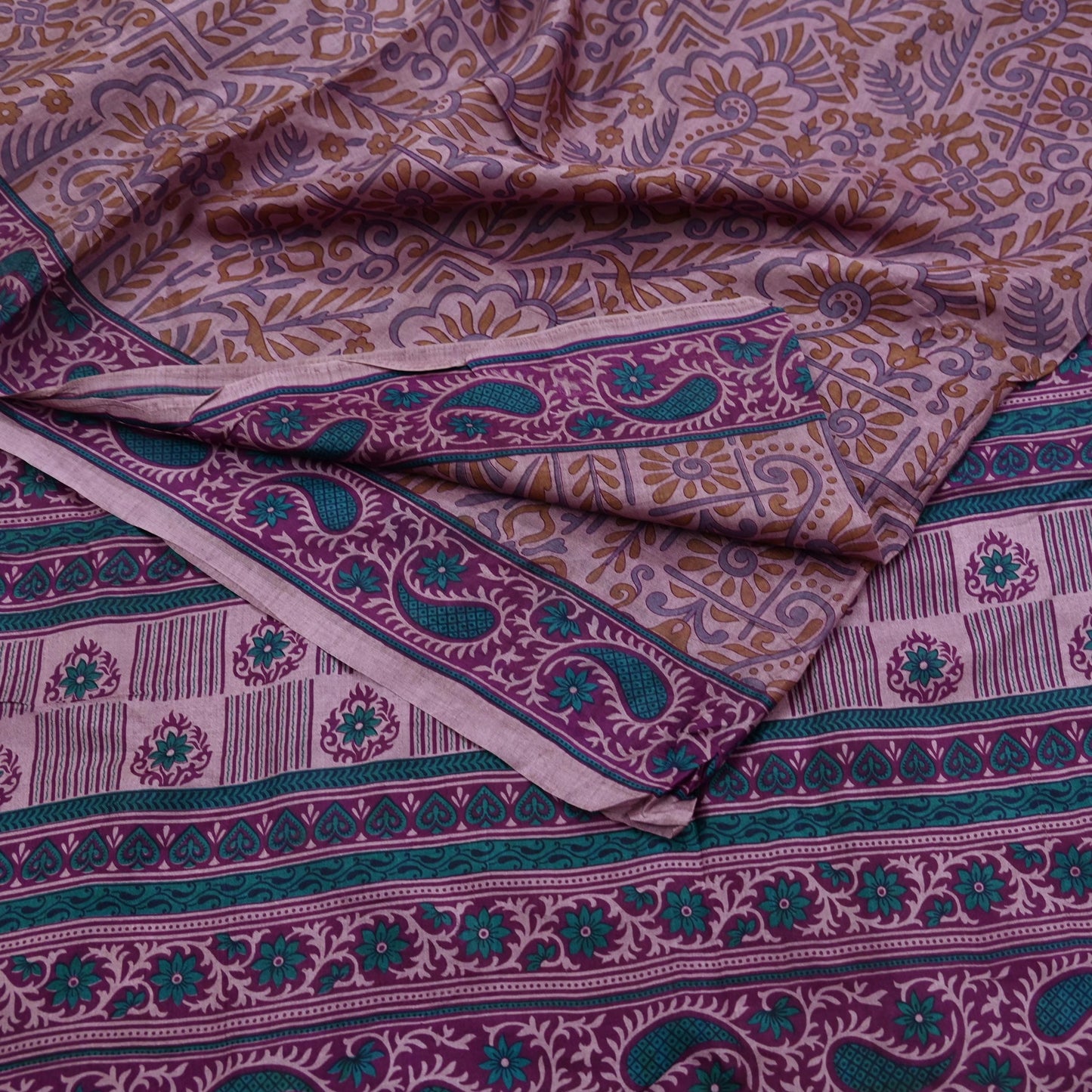 Indian Vintage Sari Brown 100% Pure Silk Printed Saree Craft Fabric 6yd Sewing DressMaking Wrap Floral Crafting Quilting Used Upcycle