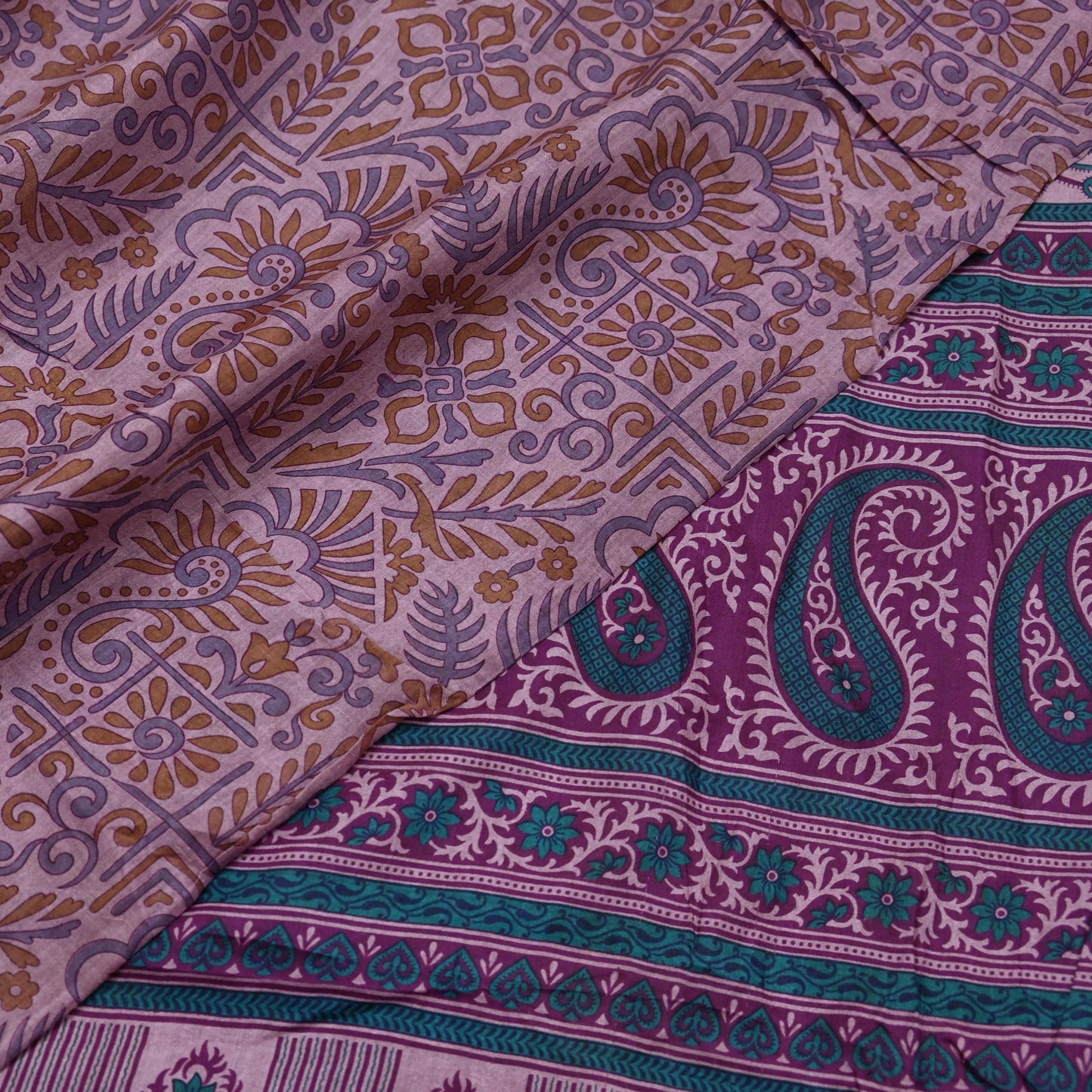 Indian Vintage Sari Brown 100% Pure Silk Printed Saree Craft Fabric 6yd Sewing DressMaking Wrap Floral Crafting Quilting Used Upcycle