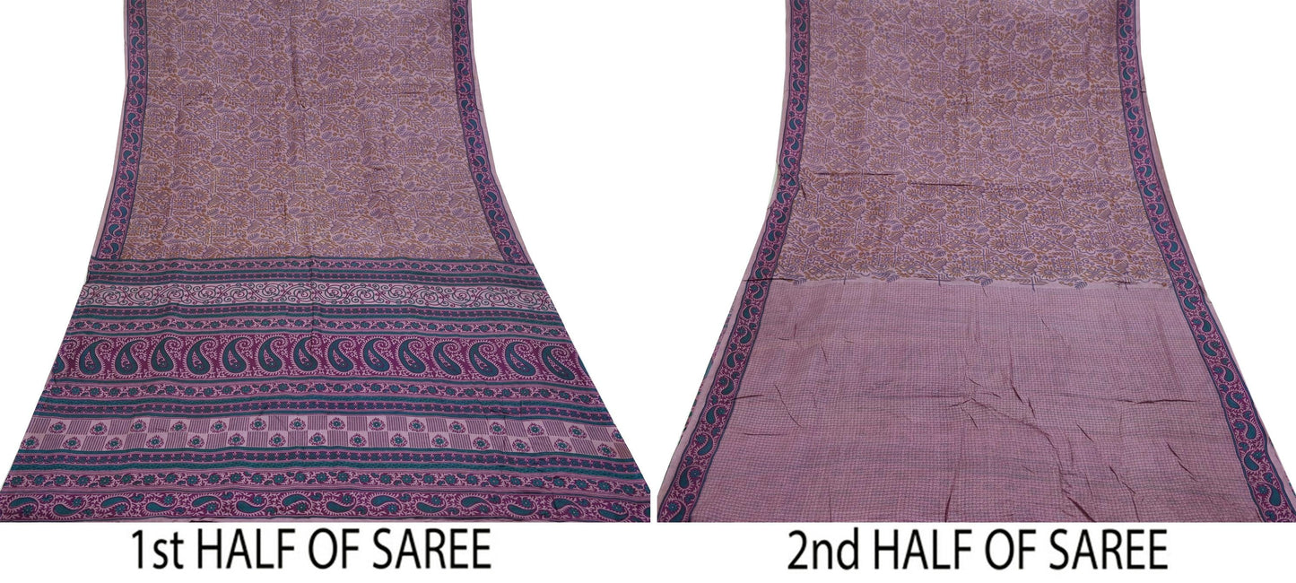 Indian Vintage Sari Brown 100% Pure Silk Printed Saree Craft Fabric 6yd Sewing DressMaking Wrap Floral Crafting Quilting Used Upcycle