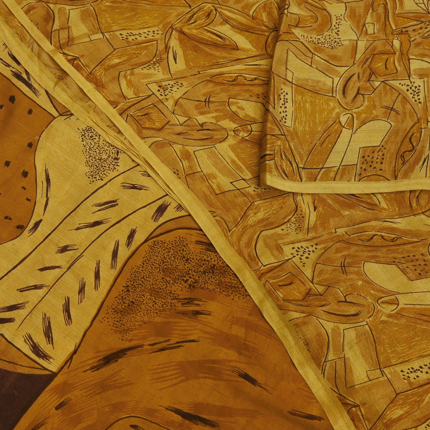 Indian Vintage Sari Saffron 100% Pure Silk Printed Saree 6yd Sewing Craft Fabric Dress Making Soft Wrap Floral Abstract Quilting Crafting