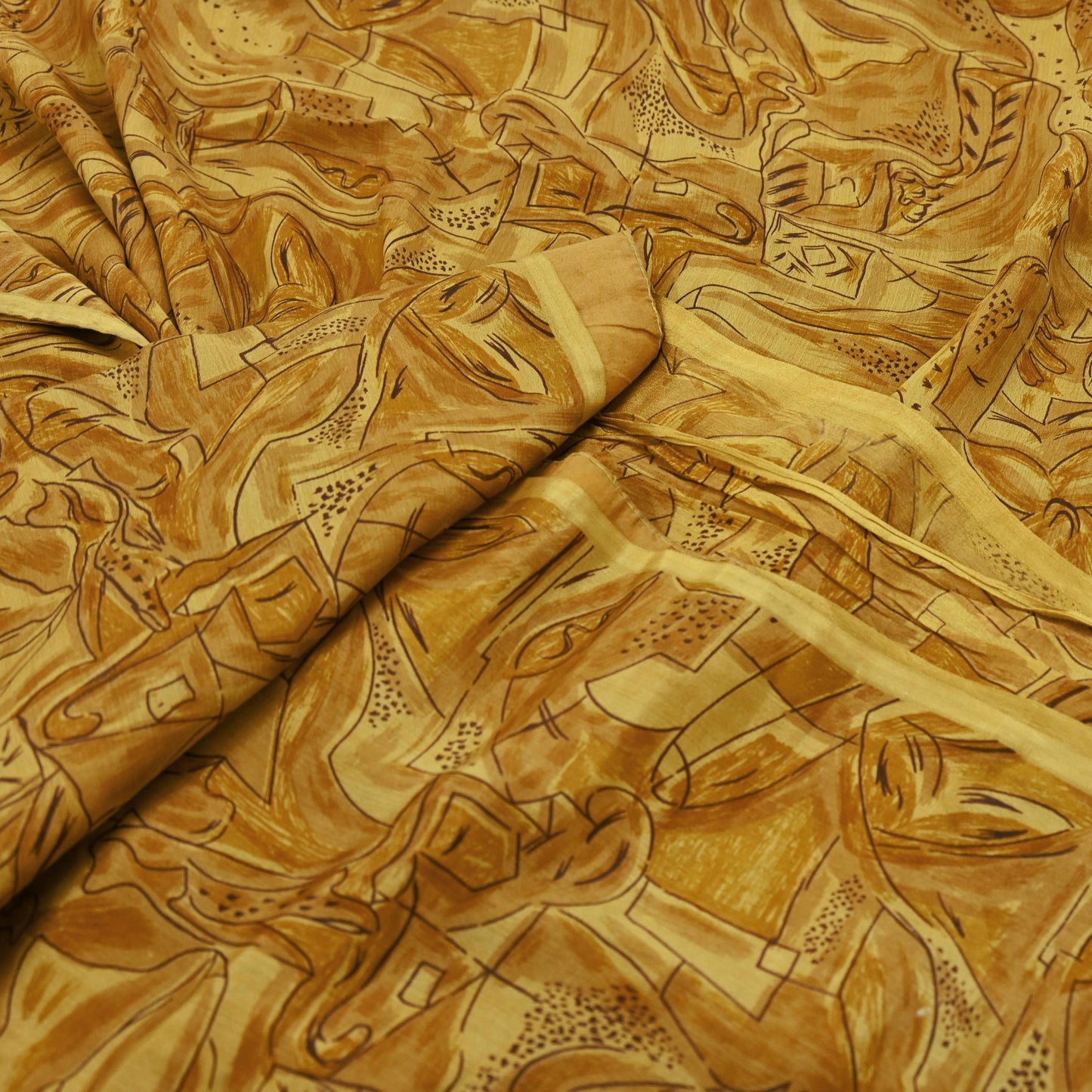 Indian Vintage Sari Saffron 100% Pure Silk Printed Saree 6yd Sewing Craft Fabric Dress Making Soft Wrap Floral Abstract Quilting Crafting