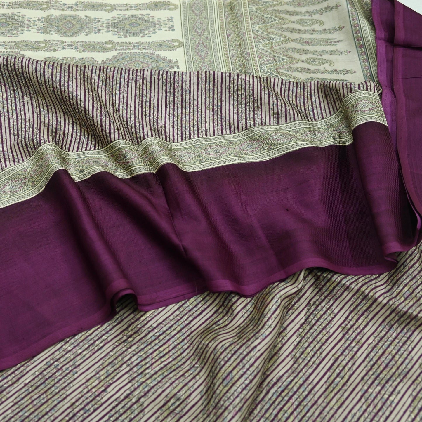 Indian Vintage Purple & Cream Saree 100% Pure Silk Printed Sari Craft Fabric 6yd Sewing Dress Making Soft Stripes Crafting Quilting Upcycle