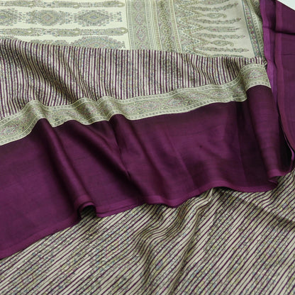 Indian Vintage Purple & Cream Saree 100% Pure Silk Printed Sari Craft Fabric 6yd Sewing Dress Making Soft Stripes Crafting Quilting Upcycle