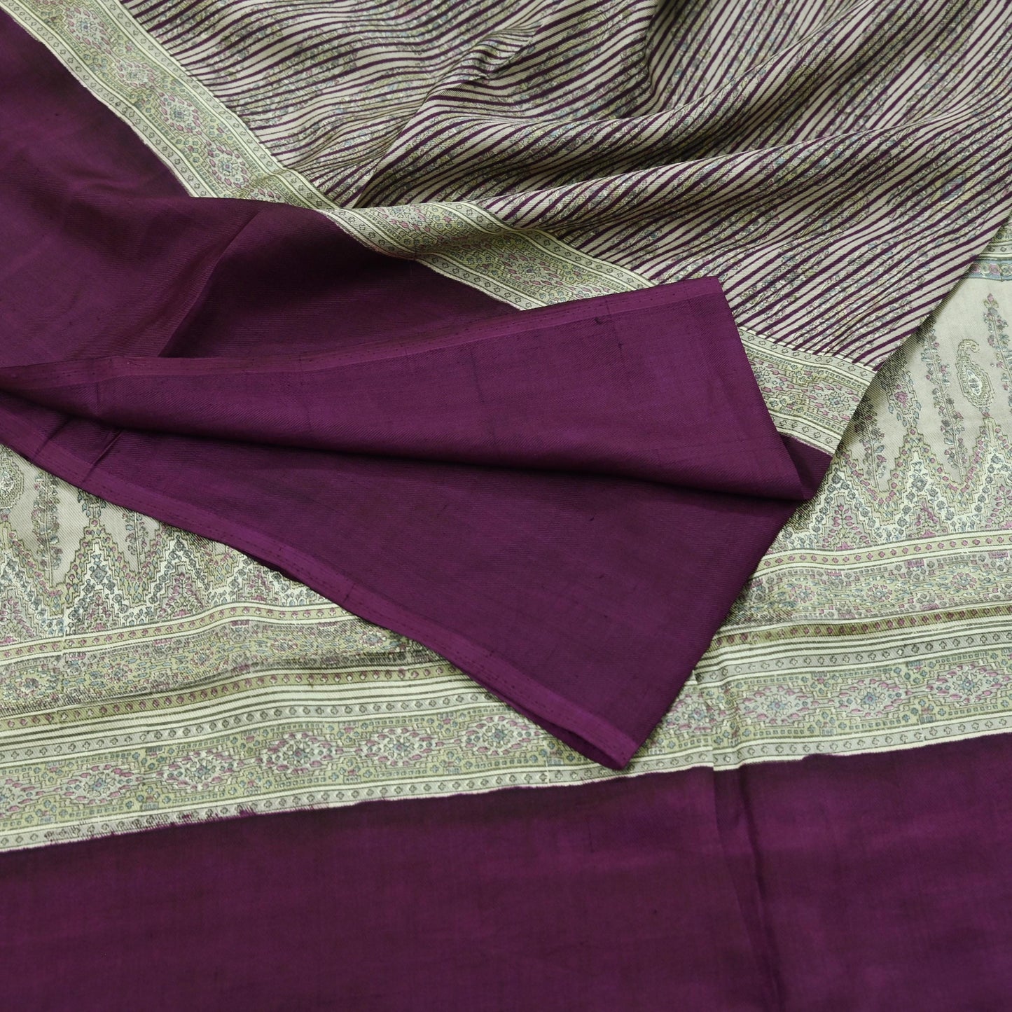 Indian Vintage Purple & Cream Saree 100% Pure Silk Printed Sari Craft Fabric 6yd Sewing Dress Making Soft Stripes Crafting Quilting Upcycle