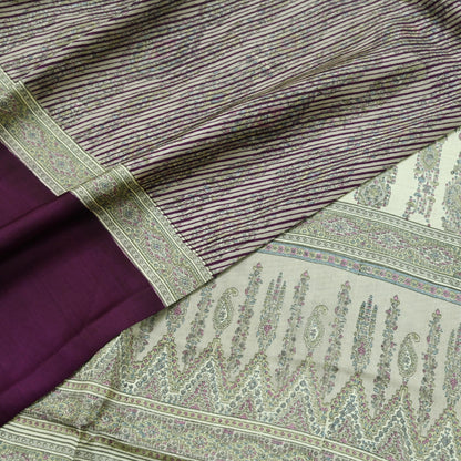 Indian Vintage Purple & Cream Saree 100% Pure Silk Printed Sari Craft Fabric 6yd Sewing Dress Making Soft Stripes Crafting Quilting Upcycle