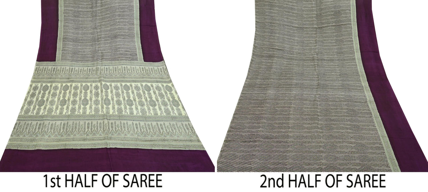 Indian Vintage Purple & Cream Saree 100% Pure Silk Printed Sari Craft Fabric 6yd Sewing Dress Making Soft Stripes Crafting Quilting Upcycle