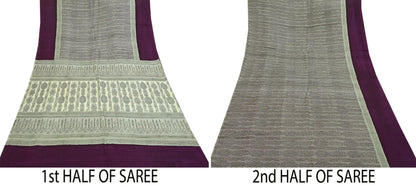 Indian Vintage Purple & Cream Saree 100% Pure Silk Printed Sari Craft Fabric 6yd Sewing Dress Making Soft Stripes Crafting Quilting Upcycle