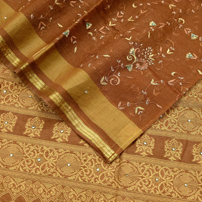 Indian Vintage Sari Brown Hand Woven 100% Pure Silk Saree Craft Fabric 5Yd Dress Making Crafting Quilting Upcycle Zardozi Ethnic