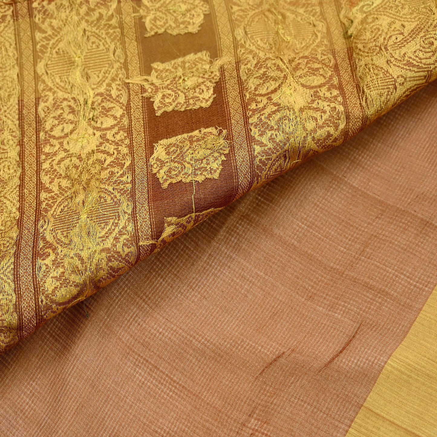 Indian Vintage Sari Brown Hand Woven 100% Pure Silk Saree Craft Fabric 5Yd Dress Making Crafting Quilting Upcycle Zardozi Ethnic