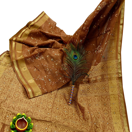 Indian Vintage Sari Brown Hand Woven 100% Pure Silk Saree Craft Fabric 5Yd Dress Making Crafting Quilting Upcycle Zardozi Ethnic