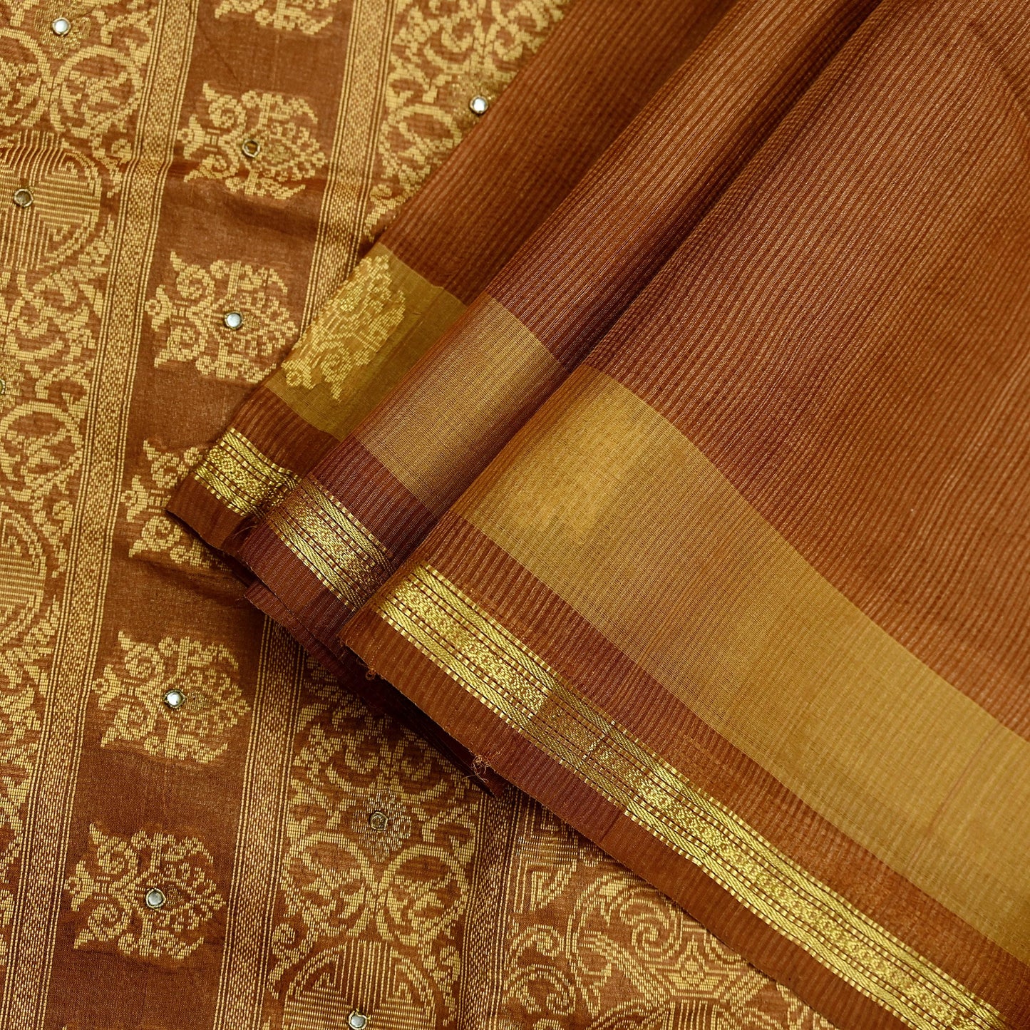 Indian Vintage Sari Brown Hand Woven 100% Pure Silk Saree Craft Fabric 5Yd Dress Making Crafting Quilting Upcycle Zardozi Ethnic