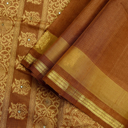 Indian Vintage Sari Brown Hand Woven 100% Pure Silk Saree Craft Fabric 5Yd Dress Making Crafting Quilting Upcycle Zardozi Ethnic