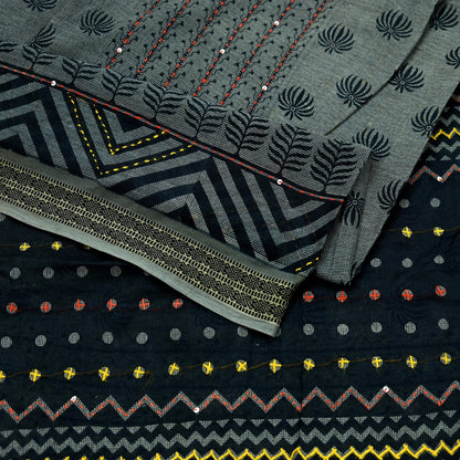 Indian Vintage Sari Black Pure Cotton Hand Embroidered Sarees Kantha Fabric 5yd Sewing Floral Soft Dress making Crafting Quilting