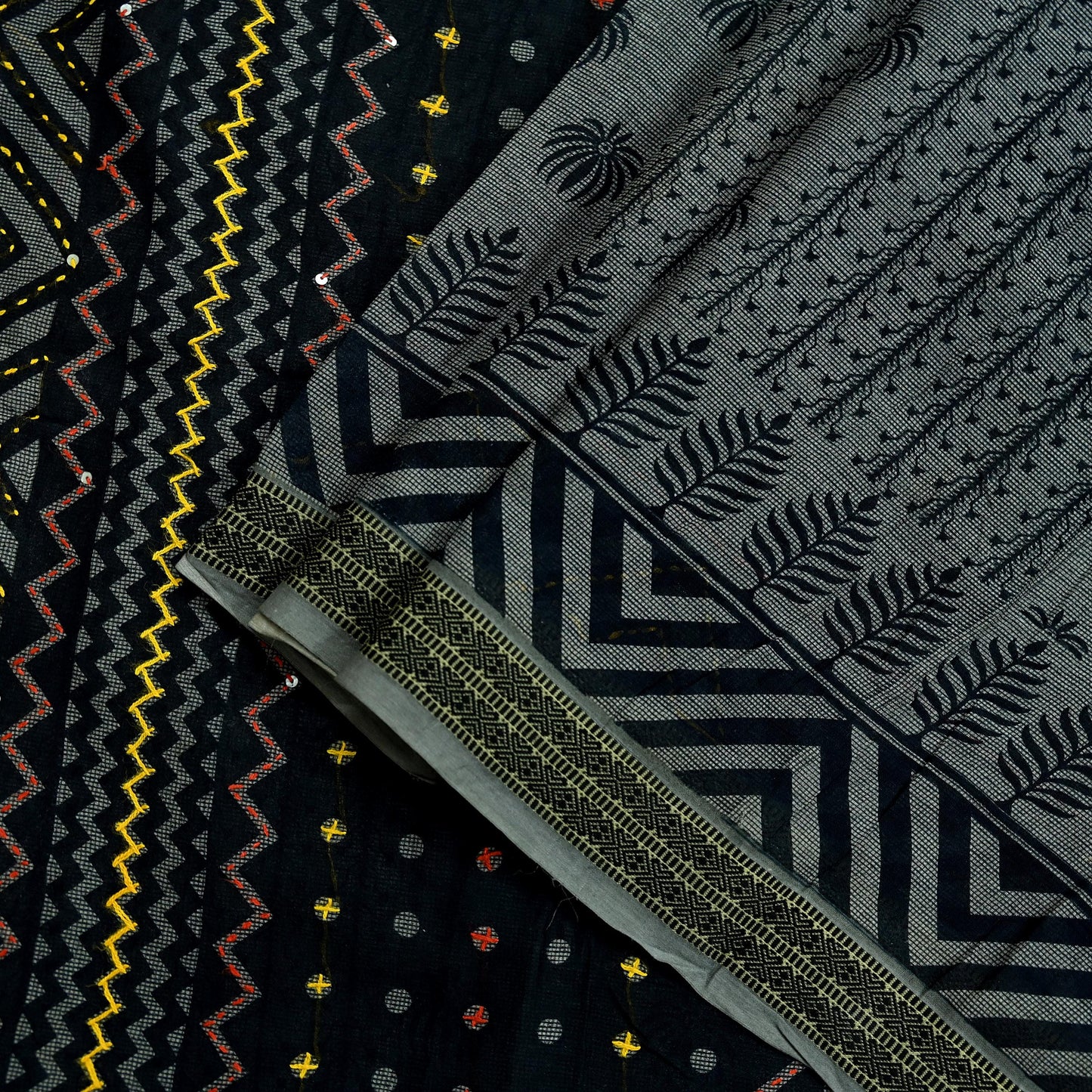 Indian Vintage Sari Black Pure Cotton Hand Embroidered Sarees Kantha Fabric 5yd Sewing Floral Soft Dress making Crafting Quilting