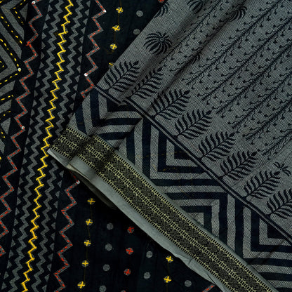 Indian Vintage Sari Black Pure Cotton Hand Embroidered Sarees Kantha Fabric 5yd Sewing Floral Soft Dress making Crafting Quilting