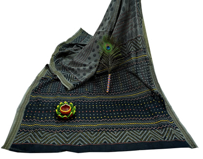 Indian Vintage Sari Black Pure Cotton Hand Embroidered Sarees Kantha Fabric 5yd Sewing Floral Soft Dress making Crafting Quilting