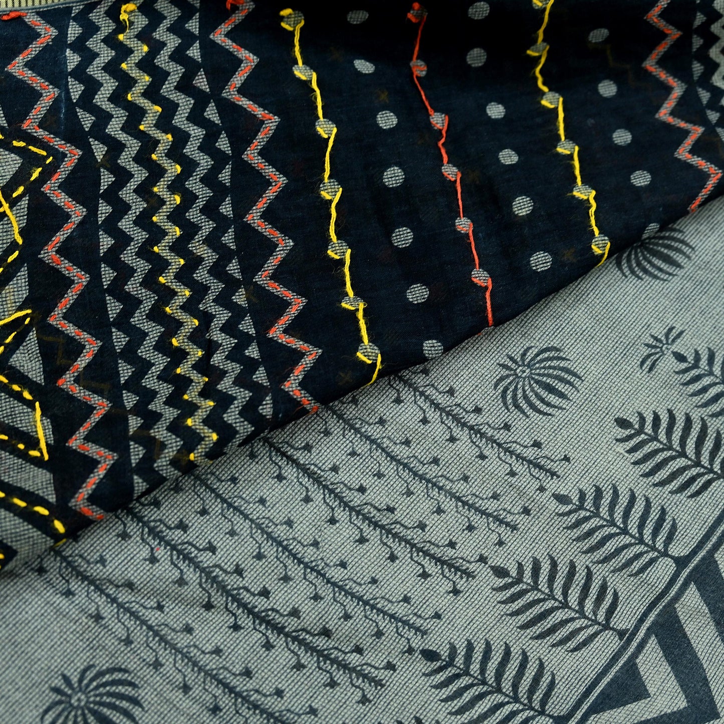 Indian Vintage Sari Black Pure Cotton Hand Embroidered Sarees Kantha Fabric 5yd Sewing Floral Soft Dress making Crafting Quilting