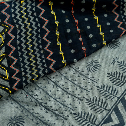 Indian Vintage Sari Black Pure Cotton Hand Embroidered Sarees Kantha Fabric 5yd Sewing Floral Soft Dress making Crafting Quilting
