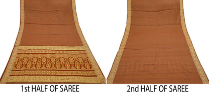 Indian Vintage Sari Brown Hand Woven 100% Pure Organza Silk Saree Craft Fabric 5Yd Dress Making Crafting Quilting Upcycle Fringes