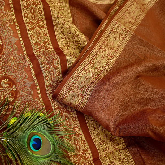 Indian Vintage Sari Brown Hand Woven 100% Pure Organza Silk Saree Craft Fabric 5Yd Dress Making Crafting Quilting Upcycle Fringes