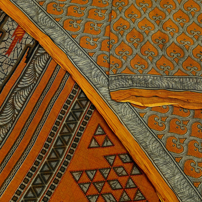 Indian Vintage Brown & Saffron Saree Printed Pure Cotton Indian Sari Craft Fabric 5Yd Soft Sewing Sarong Wrap Boho Floral Dress making