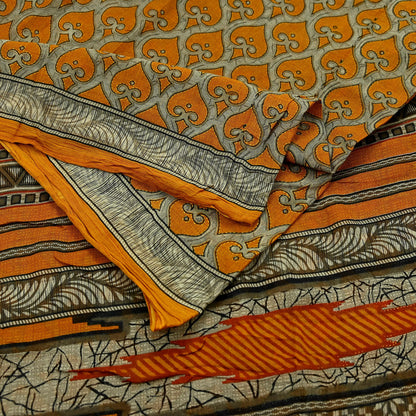 Indian Vintage Brown & Saffron Saree Printed Pure Cotton Indian Sari Craft Fabric 5Yd Soft Sewing Sarong Wrap Boho Floral Dress making