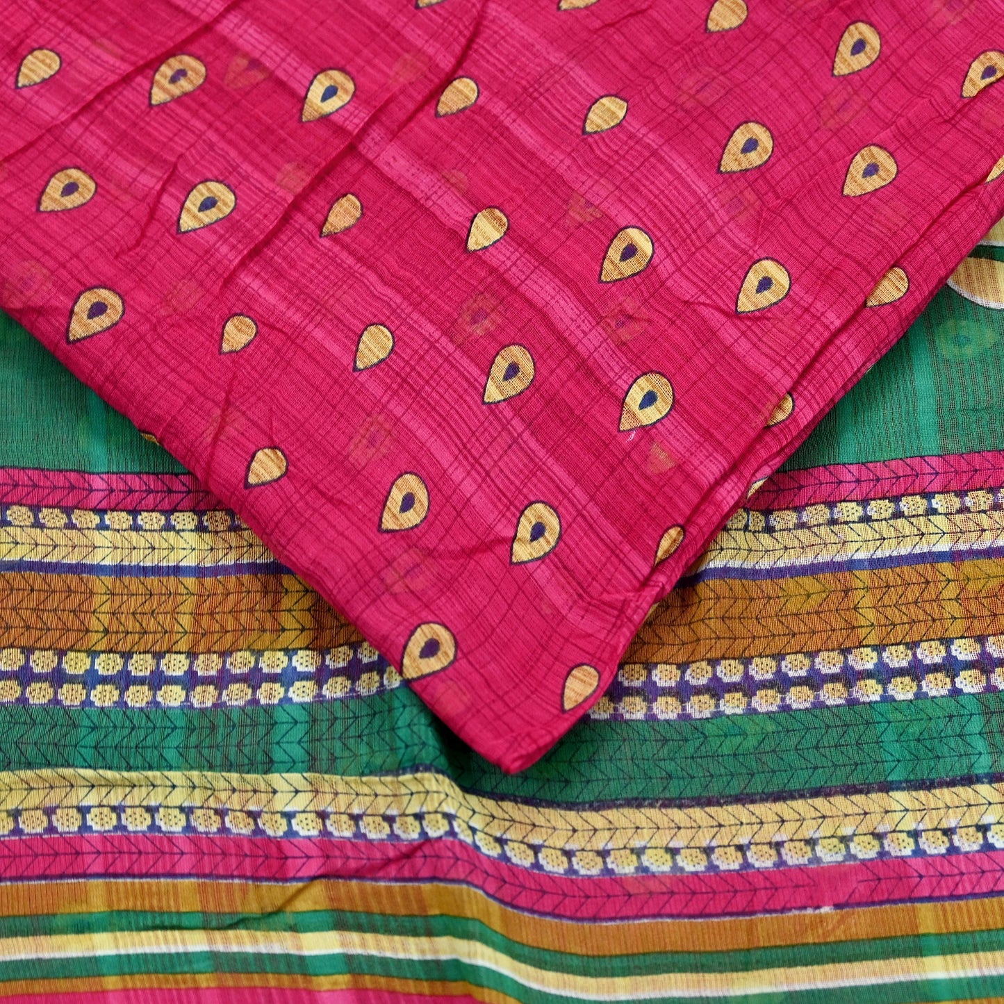 Indian Vintage Sari Pink & Green Printed 100% Pure Cotton Sarees Craft Fabric 5Yd Soft Sewing Sarong Wrap Floral Boho Quilting Crafting Used