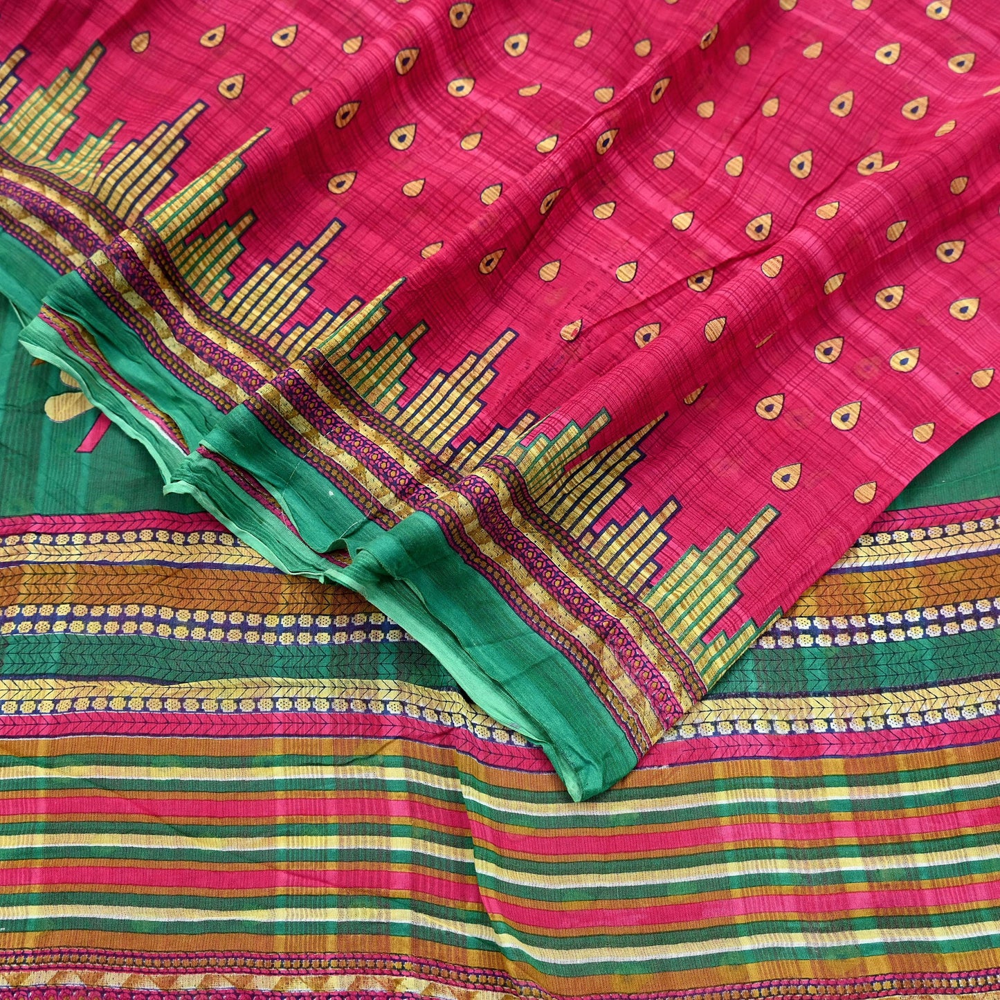 Indian Vintage Sari Pink & Green Printed 100% Pure Cotton Sarees Craft Fabric 5Yd Soft Sewing Sarong Wrap Floral Boho Quilting Crafting Used