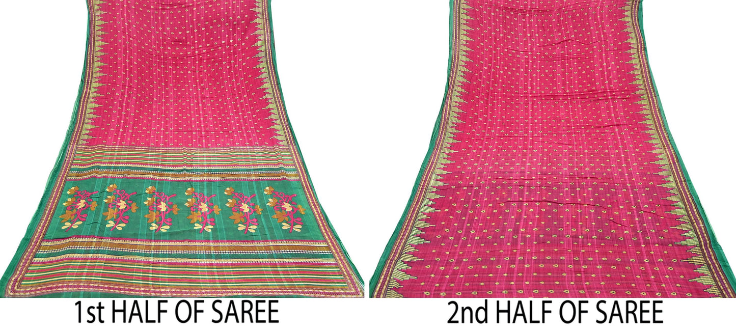 Indian Vintage Sari Pink & Green Printed 100% Pure Cotton Sarees Craft Fabric 5Yd Soft Sewing Sarong Wrap Floral Boho Quilting Crafting Used