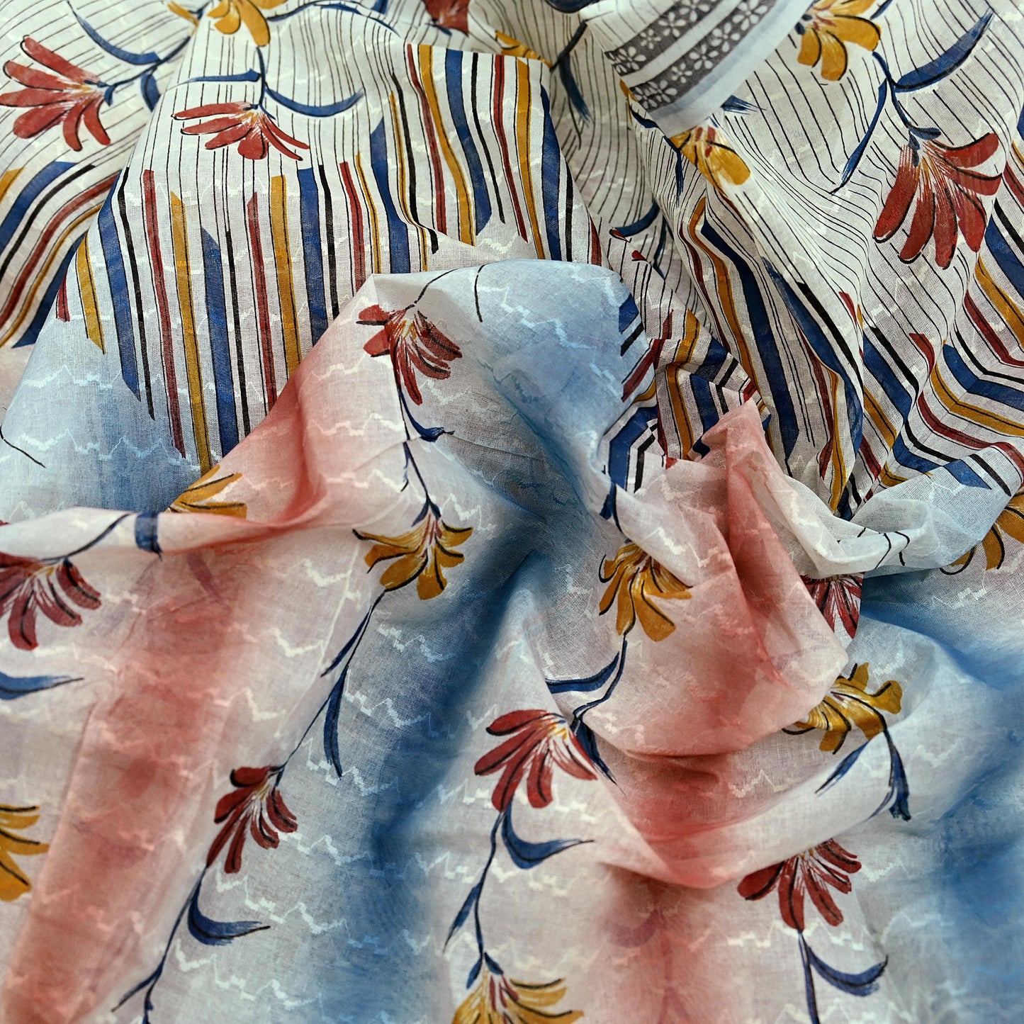 Indian Vintage Sari Blue & Ivory Printed Pure Cotton Sarees Craft Fabric 5Yd Sewing Sarong Wrap Boho Dress making Crafting Quilting