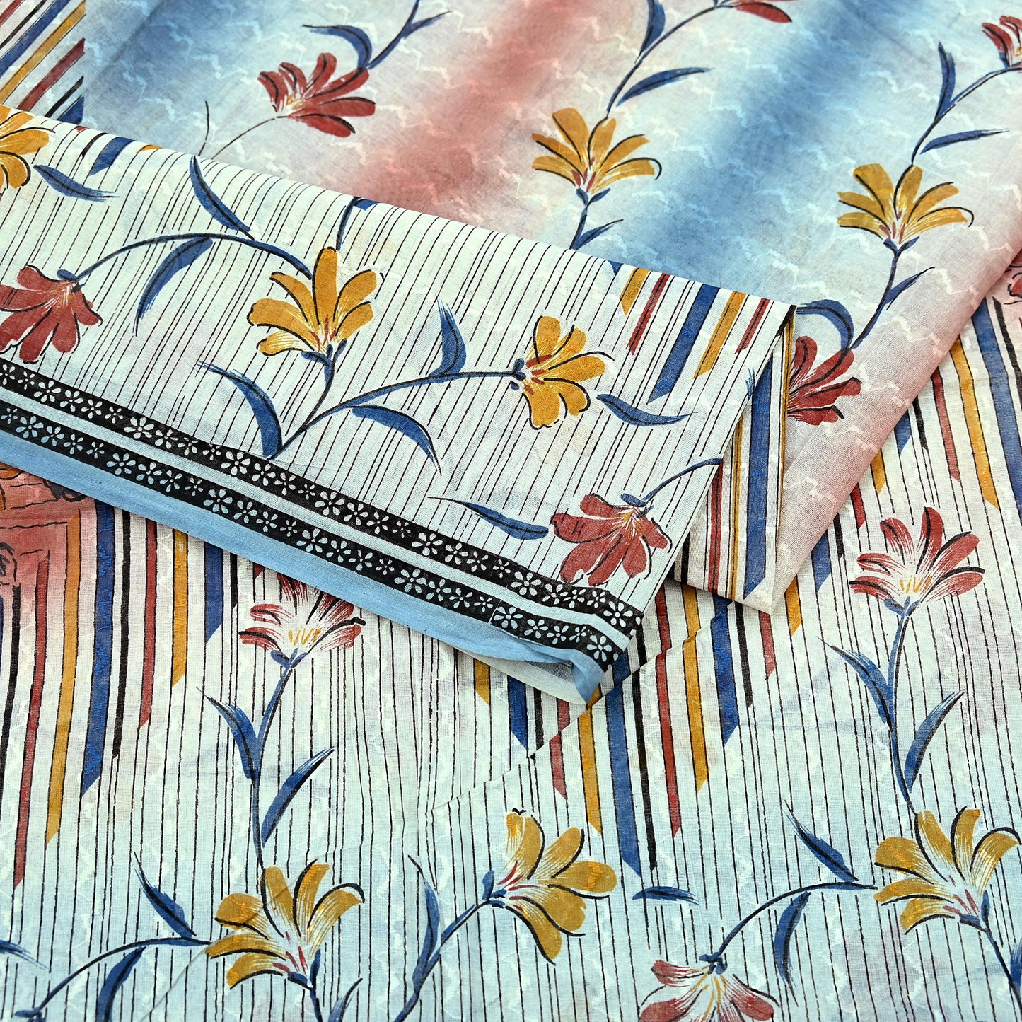 Indian Vintage Sari Blue & Ivory Printed Pure Cotton Sarees Craft Fabric 5Yd Sewing Sarong Wrap Boho Dress making Crafting Quilting