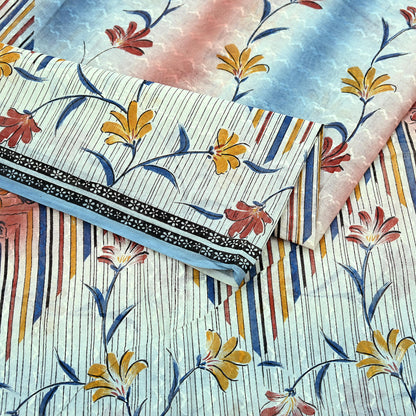 Indian Vintage Sari Blue & Ivory Printed Pure Cotton Sarees Craft Fabric 5Yd Sewing Sarong Wrap Boho Dress making Crafting Quilting