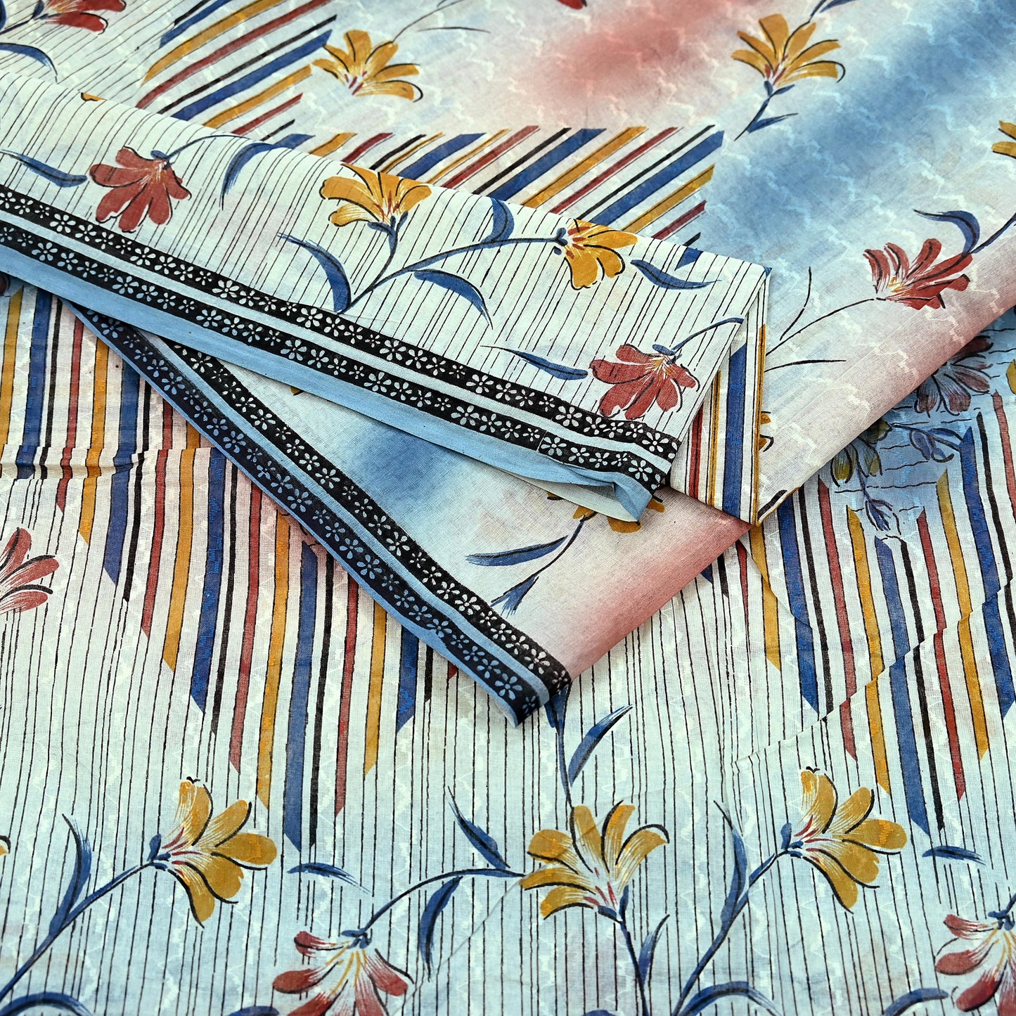 Indian Vintage Sari Blue & Ivory Printed Pure Cotton Sarees Craft Fabric 5Yd Sewing Sarong Wrap Boho Dress making Crafting Quilting