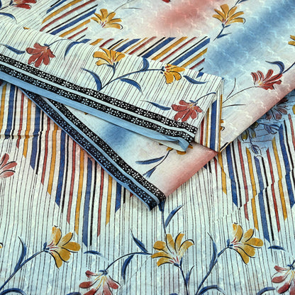 Indian Vintage Sari Blue & Ivory Printed Pure Cotton Sarees Craft Fabric 5Yd Sewing Sarong Wrap Boho Dress making Crafting Quilting