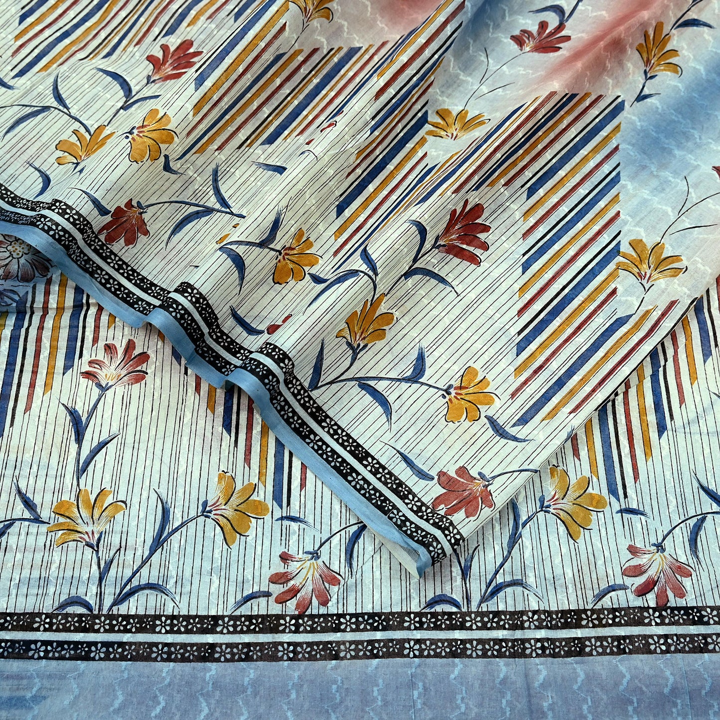 Indian Vintage Sari Blue & Ivory Printed Pure Cotton Sarees Craft Fabric 5Yd Sewing Sarong Wrap Boho Dress making Crafting Quilting