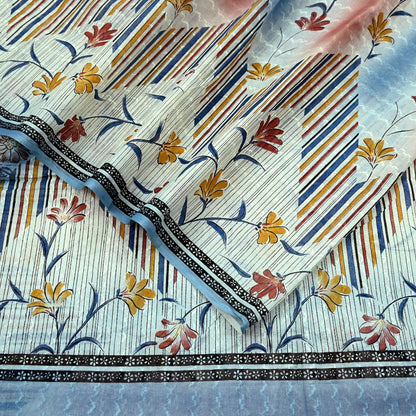 Indian Vintage Sari Blue & Ivory Printed Pure Cotton Sarees Craft Fabric 5Yd Sewing Sarong Wrap Boho Dress making Crafting Quilting