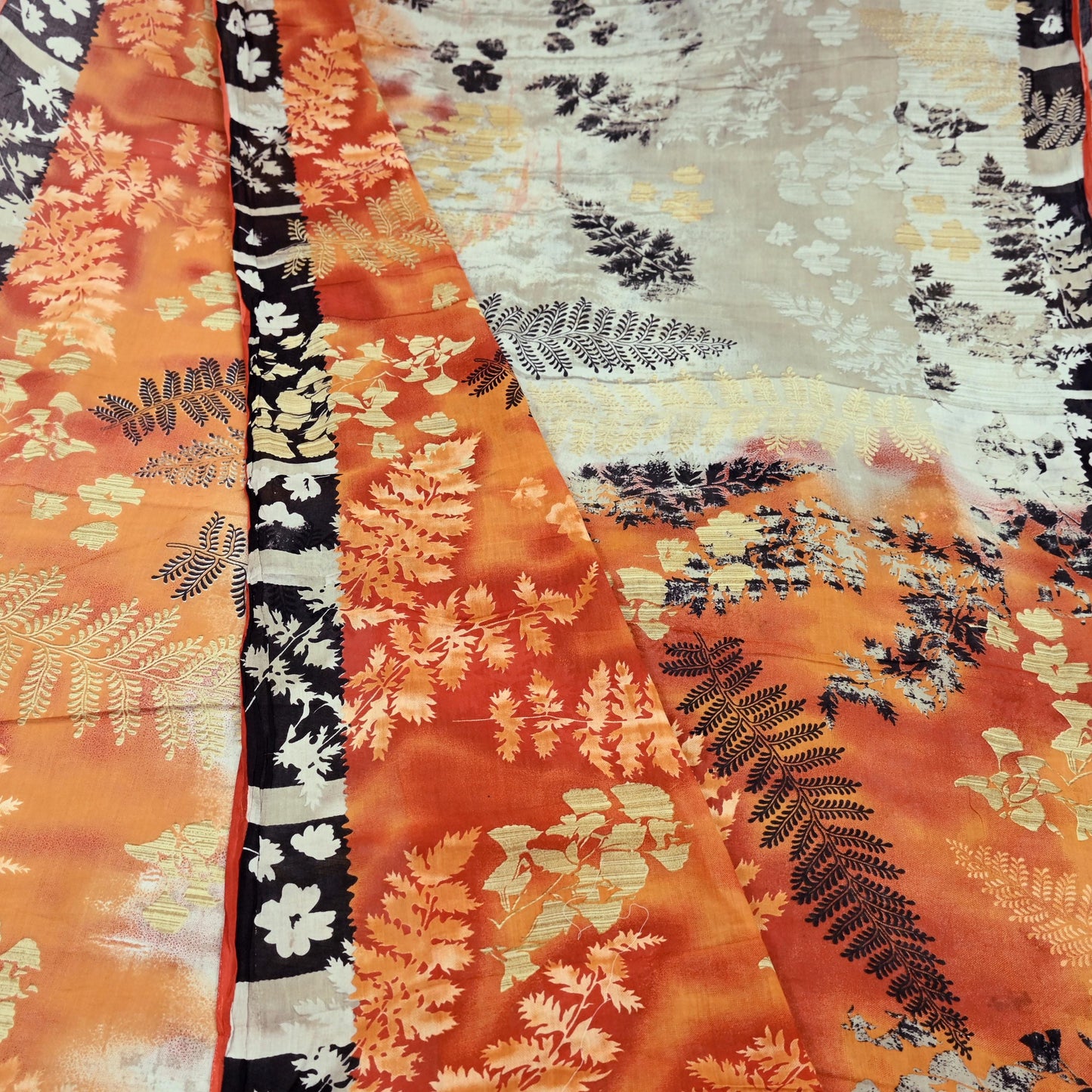 Indian Vintage Orange & Cream Saree Printed Pure Cotton Sari Craft Fabric Soft 5Yd Sewing Sarong Wrap Boho Dress making Quilting Upcycle