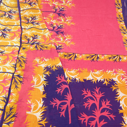 Indian Vintage Sari Pink & Saffron Printed 100% Pure Cotton Sarees Craft Fabric 5Yd Soft Sewing Sarong Wrap Floral Boho Quilting Crafting