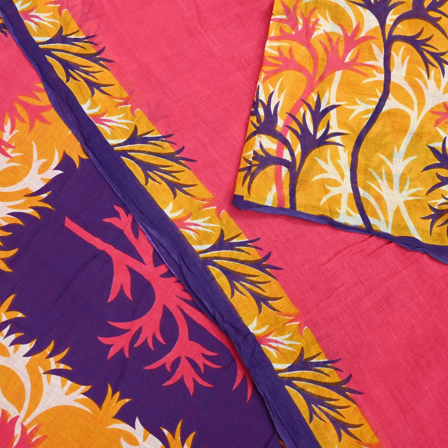 Indian Vintage Sari Pink & Saffron Printed 100% Pure Cotton Sarees Craft Fabric 5Yd Soft Sewing Sarong Wrap Floral Boho Quilting Crafting