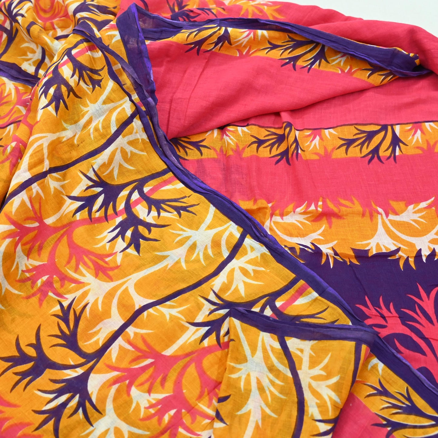 Indian Vintage Sari Pink & Saffron Printed 100% Pure Cotton Sarees Craft Fabric 5Yd Soft Sewing Sarong Wrap Floral Boho Quilting Crafting