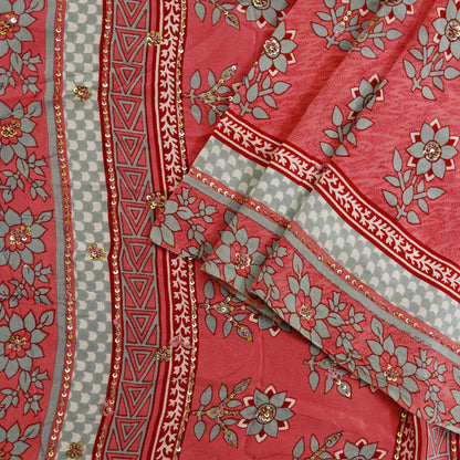 Indian Vintage Sari Pink & Gray Pure Crepe Silk Hand Embroidered Saree 5yard Sewing Floral Craft Sequins Dress making Crafting Quilting