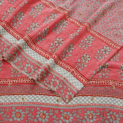Indian Vintage Sari Pink & Gray Pure Crepe Silk Hand Embroidered Saree 5yard Sewing Floral Craft Sequins Dress making Crafting Quilting