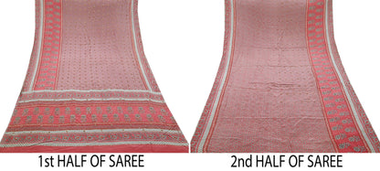 Indian Vintage Sari Pink & Gray Pure Crepe Silk Hand Embroidered Saree 5yard Sewing Floral Craft Sequins Dress making Crafting Quilting