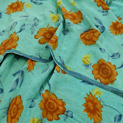 Indian Vintage Sari Blue & Green Pure Crepe Silk Printed Saree 5yd Sewing Floral Soft Craft Fabric Wrap Dress making Crafting Quilting