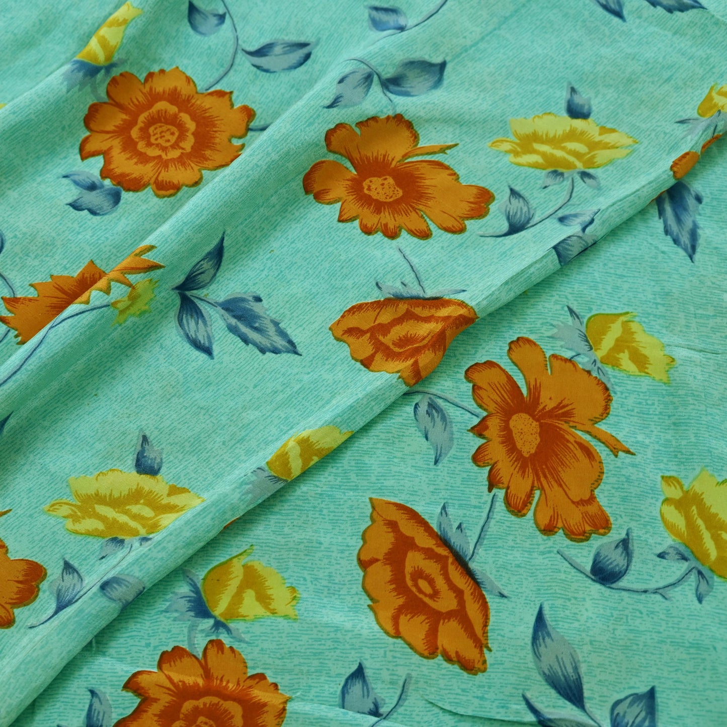 Indian Vintage Sari Blue & Green Pure Crepe Silk Printed Saree 5yd Sewing Floral Soft Craft Fabric Wrap Dress making Crafting Quilting