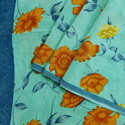 Indian Vintage Sari Blue & Green Pure Crepe Silk Printed Saree 5yd Sewing Floral Soft Craft Fabric Wrap Dress making Crafting Quilting