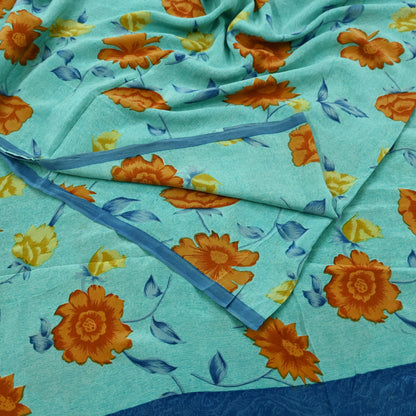 Indian Vintage Sari Blue & Green Pure Crepe Silk Printed Saree 5yd Sewing Floral Soft Craft Fabric Wrap Dress making Crafting Quilting