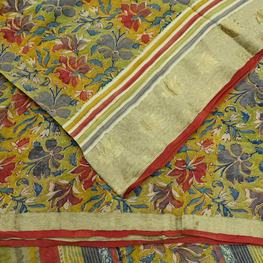 Indian Vintage Sari Yellow & Green 100% Pure Georgette Silk Printed Sarees Sewing 5yd Craft Fabric Soft Dress Designing for Crafting Floral