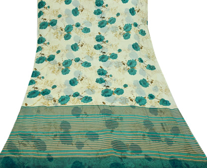 Indian Vintage Sari Green & Ivory Pure Chiffon Silk Printed Sarees 5Yd Craft Fabric Sewing Soft Light Sari Dress Making Upcycle Quilting