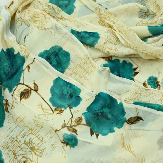Indian Vintage Sari Green & Ivory Pure Chiffon Silk Printed Sarees 5Yd Craft Fabric Sewing Soft Light Sari Dress Making Upcycle Quilting